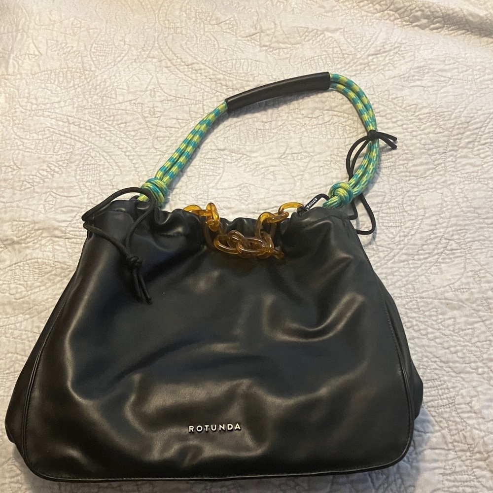 Black Leather Shoulder Bag with Colorful Handle